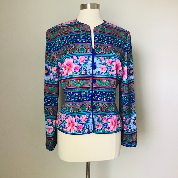 Vintage Adrianna Pappell New York 100% Silk Floral Blazer Jacket Size 10 - Picture 9 of 16